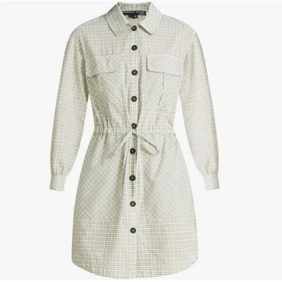 VERONICA BEARD Alyse Check Button Down Shirt Dress Green Long sleeve Pockets M - Picture 1 of 9